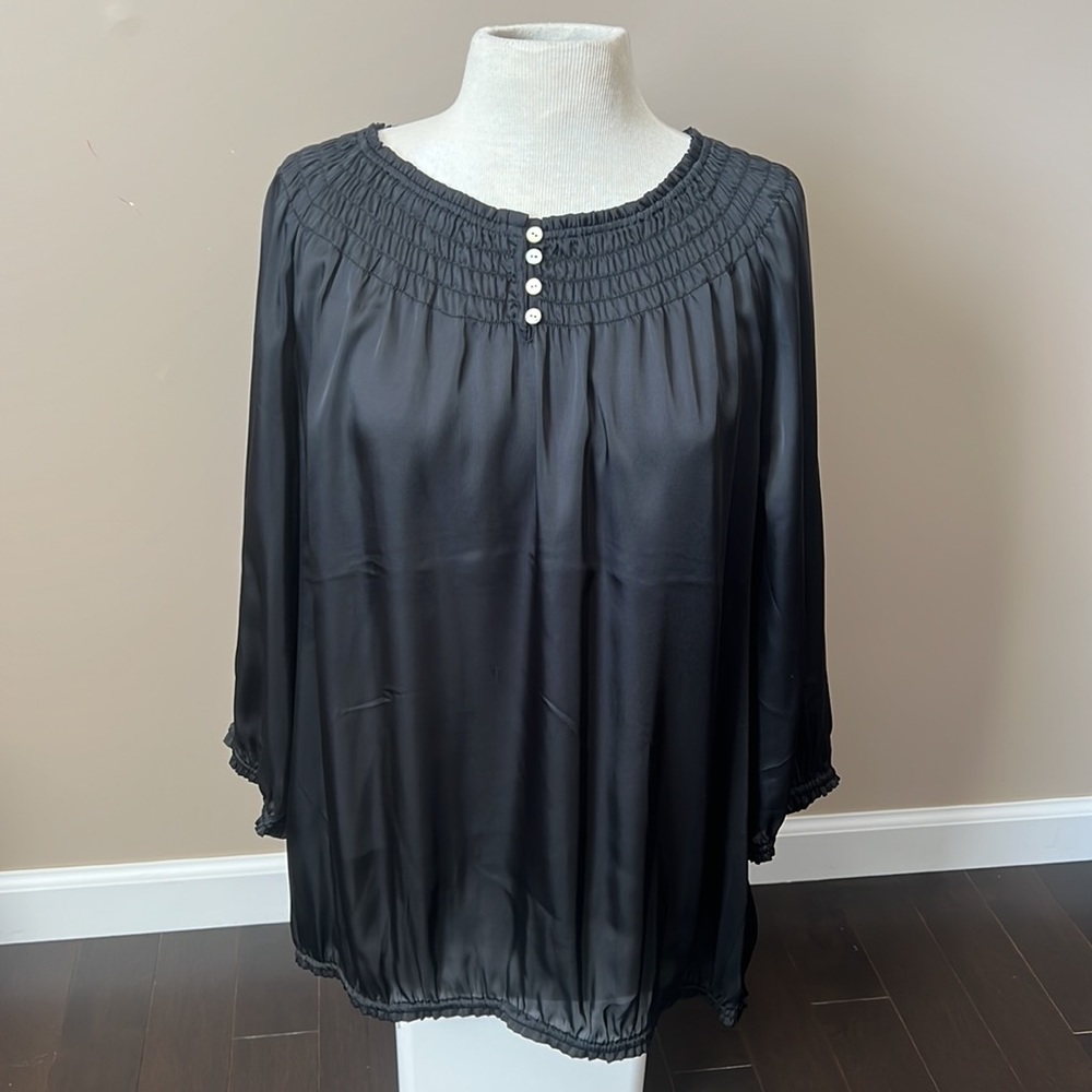 NWT Chicos Shirred Black Peasant top 3/4 sleeves sz 3